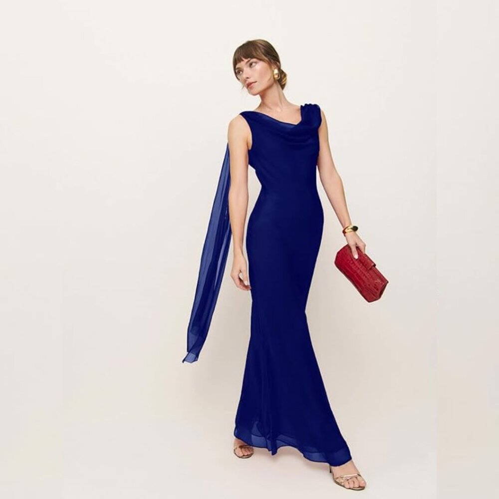 Maxi Bodycon w/Watteau Train Dress, XS, Navy, Sleeveless Backless Draped Necklin